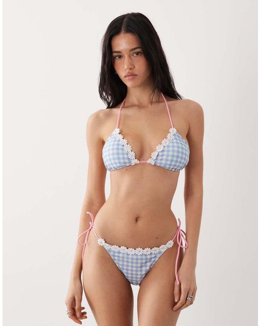 Brave Soul Blue Gingham Print Triangle Bikini Top With Flower Embroidery