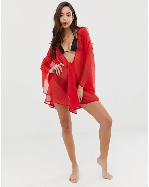 ASOS Red Knot Front Chiffon Beach Cover Up