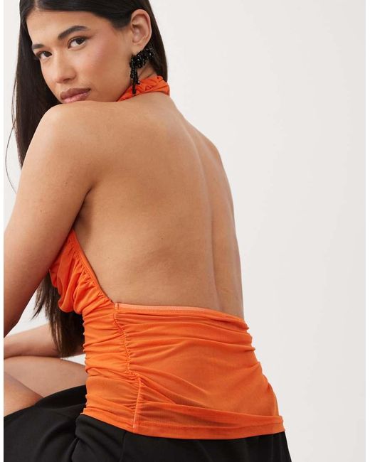 ASOS Red Ruched Deep V Neck Halter Mesh Top