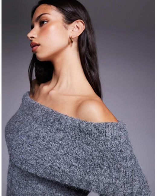 Kaiia Gray Exclusive Wool Feel Textured Knit Deep Off The Shoulder Foldover Sweater