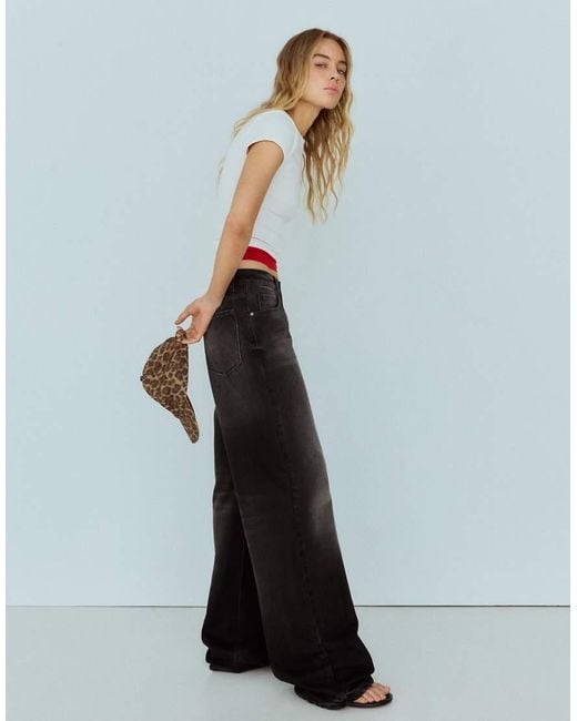 Bershka White High-Waist Wide-Leg Ripped Jeans