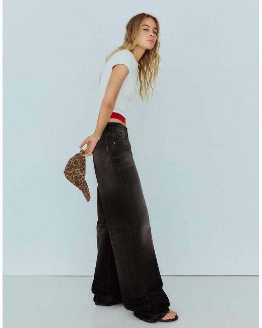 Bershka Black Tall High-Waist Wide-Leg Ripped Jeans