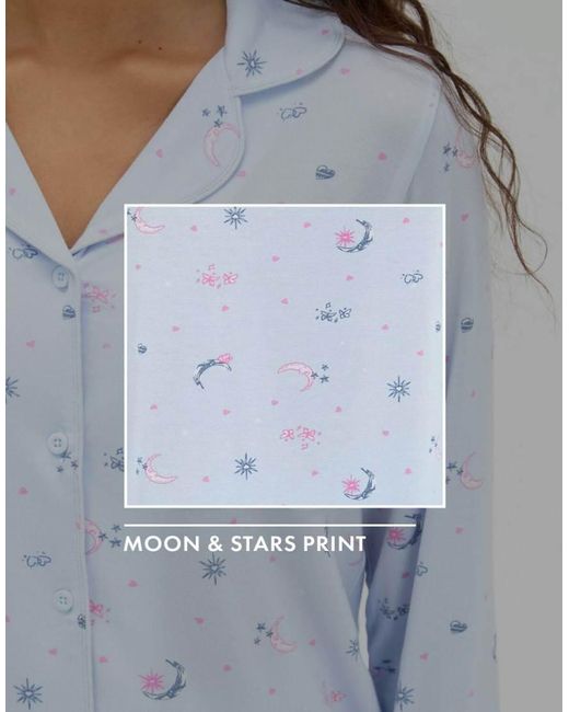 Boux Avenue Blue Moon & Stars Modal Short Pyjama Set With Long Sleeved Top