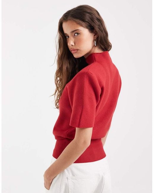 ASOS Red High Neck Shoulder Pad Waisted T-shirt