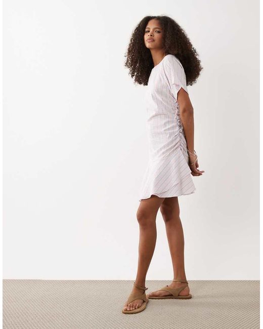 ASOS Multicolor Short Sleeve Mini Dress With Ruching Tie Waist Detail