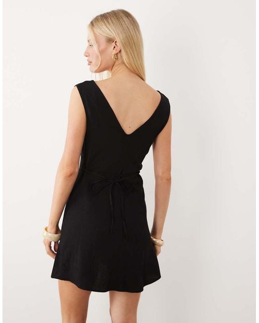 ASOS Black Linen Blend V Neck Halter Mini Dress