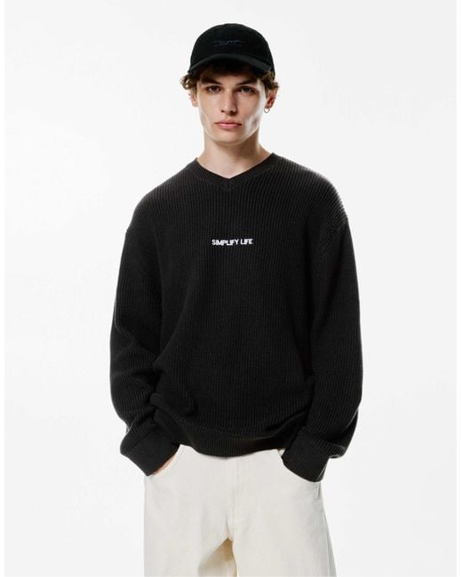Pull en maille à slogan brodé Pull&Bear pour homme en coloris Black