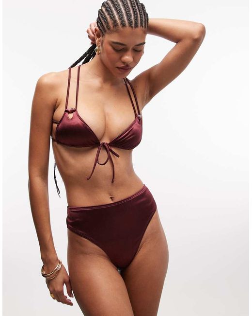 ASOS Red Keira High Shine Tie Front Triangle Bikini Top With Strappy Back And Bead Detail