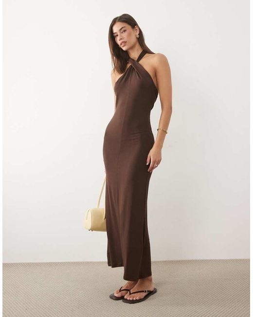 ASOS Brown Halter Open Back Midi Dress With Twisted Neck Detail