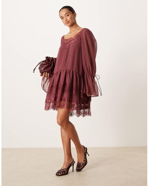 ASOS Red Asos Design Petite Long Sleeve Sweetheart Neckline Mini Dress