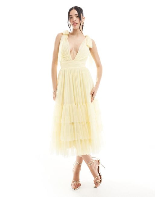 LACE & BEADS Women's Metallic Bridesmaid Bow Shoulder Midaxi Dress
