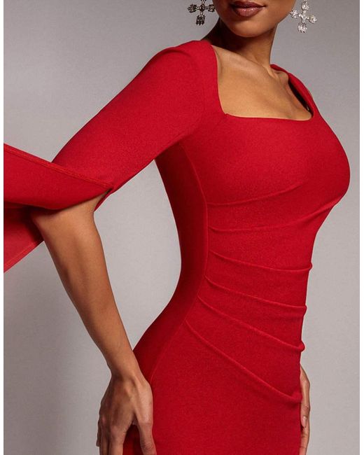 Goddiva Red One Shoulder Cape Sleeve Maxi Dress