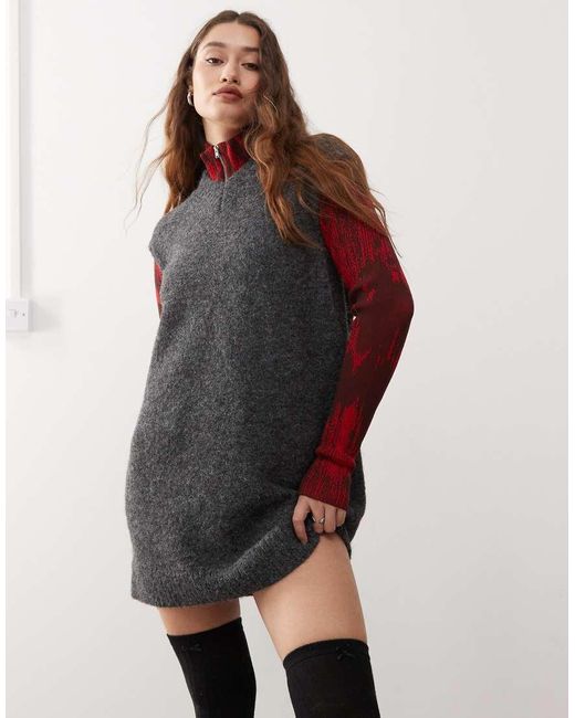 Weekday Red Kayla Wool Blend Knitted V Neck Vest Mini Dress