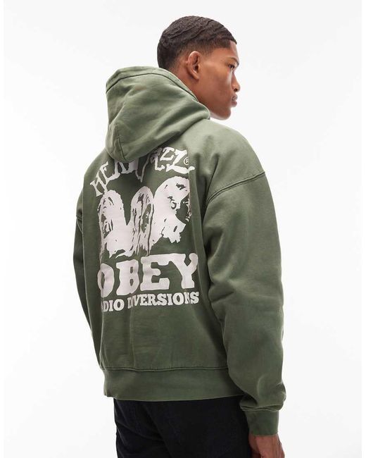 Obey Green Head Jazz Faded Pullover Boxy Hoodie for men