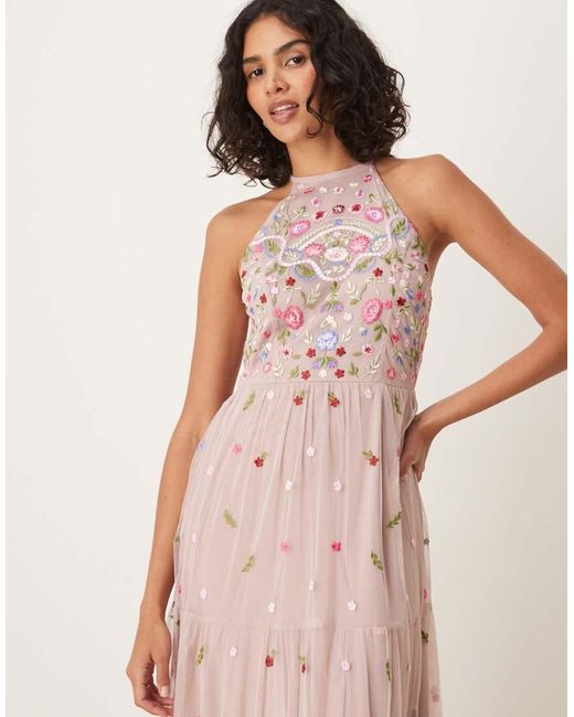 Maya Pink Halter Neck Embroidered Tie Maxi Dress