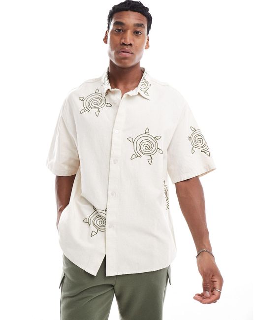 Bershka White Boxy Fit Embroidered Shirt for men