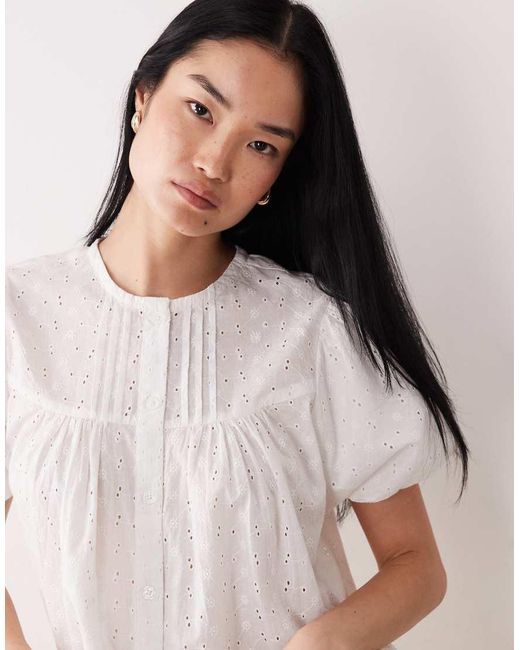 Wednesday's Girl Natural Short Sleeve Broderie Button Up Blouse