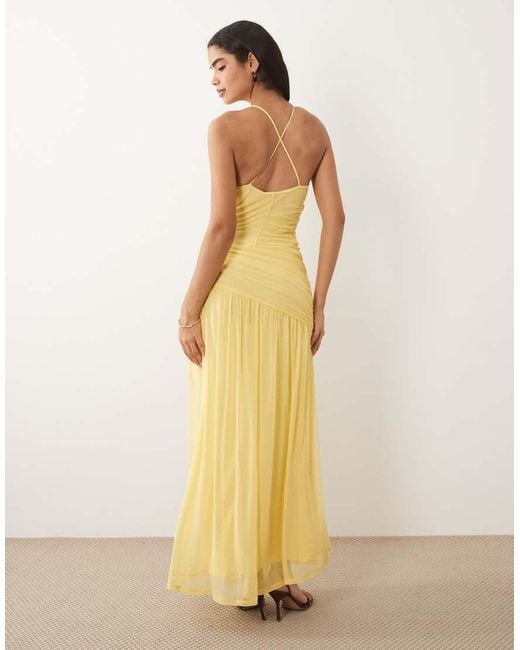ASOS Natural High V Neck Halter Mesh Maxi Dress With Ruched Details