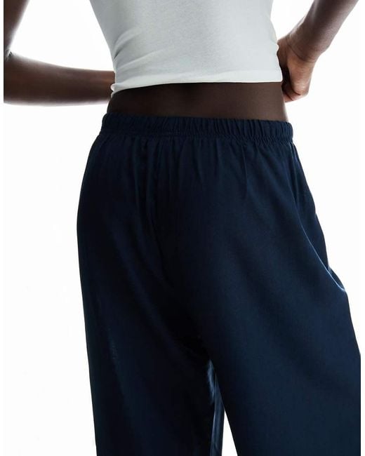 Bershka Blue Linen Rich Trousers With An Elasticated Waistband
