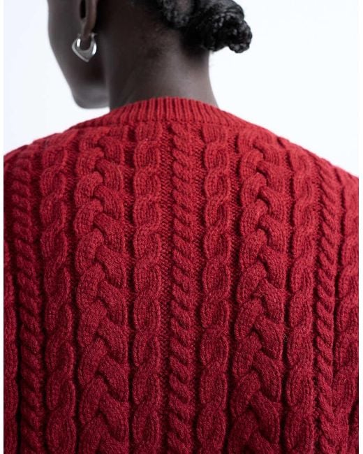 TOPSHOP Red Knit Cable Fitted Waist Cardigan