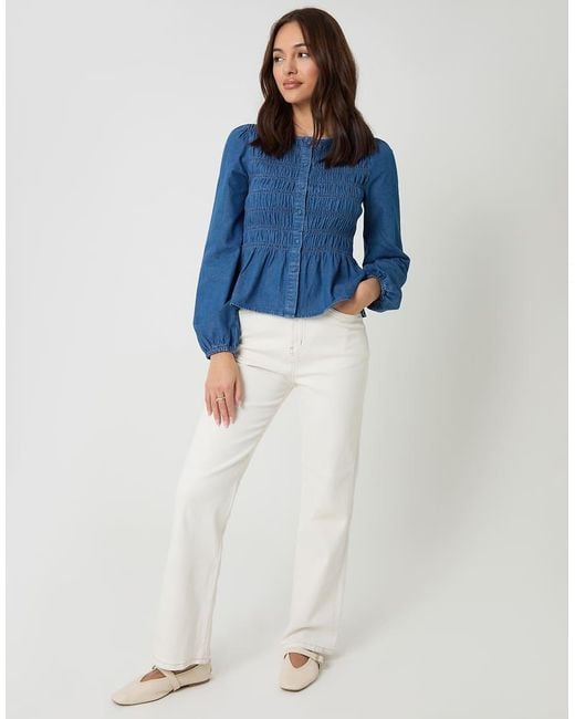 Threadbare Blue Denim Shirred Smock Blouse