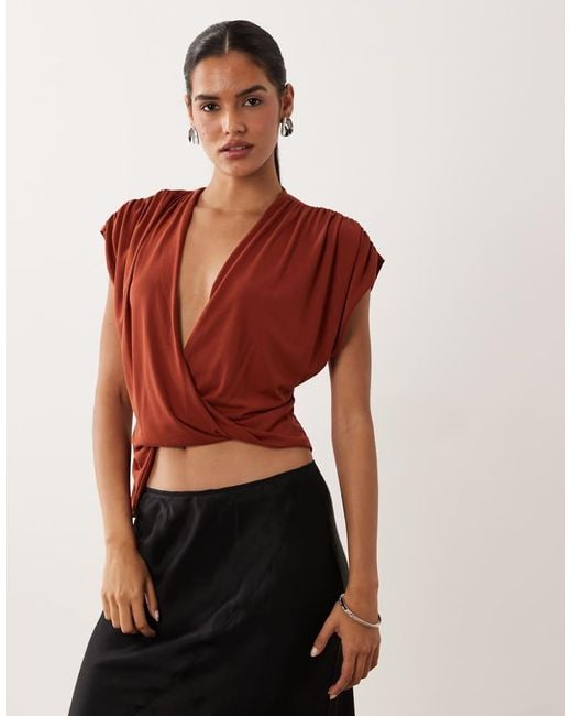 ASOS Red Soft Touch Asymmetric Drape Plunge Neck Top