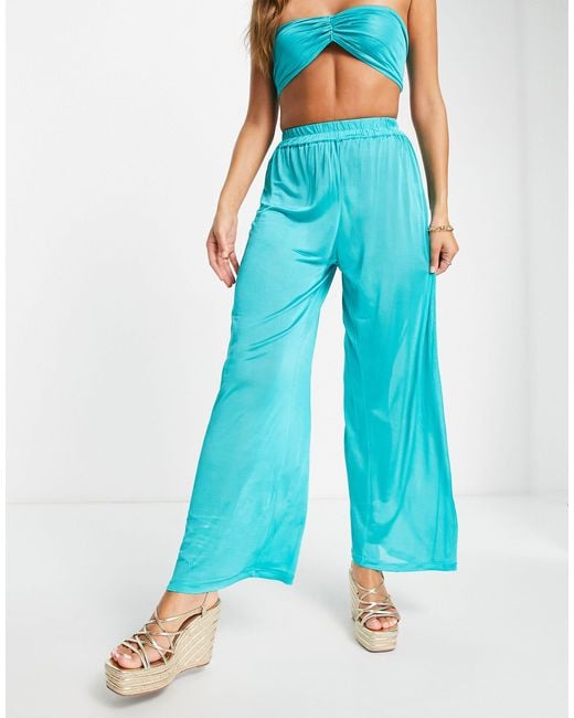 ASOS Slinky Wide Leg Beach Pants in Blue Lyst Canada