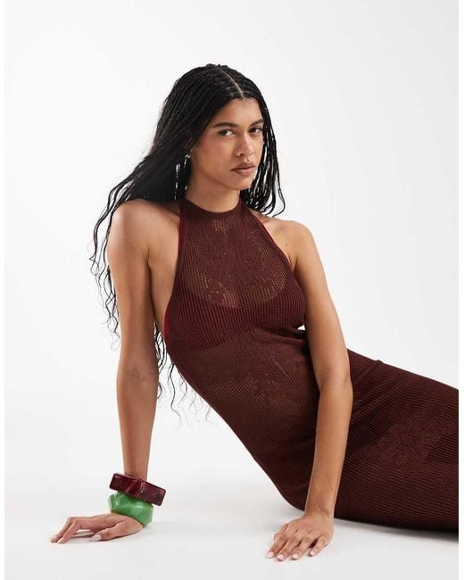 Reclaimed Vintage Red Crochet Floral Halter Neck Maxi Dress