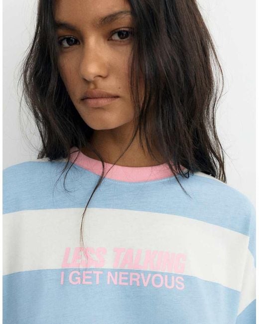 Pull&Bear Blue Oversize Striped Graphic T-Shirt