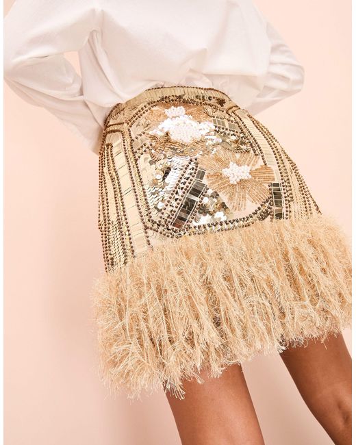 ASOS Natural All Over Embellished Mini Skirt With Faux Feather Hem