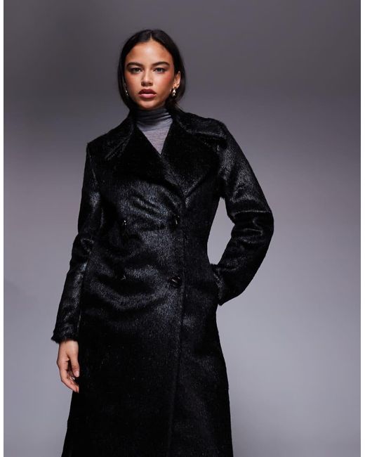 River Island Blue Pony-effect Double-breasted Coat
