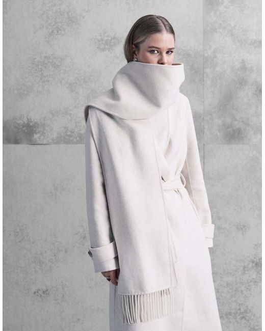 Forever New Gray Belted Formal Coat With Tassel Scarf