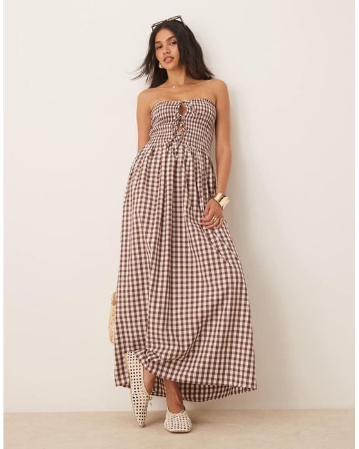 ASOS Pink Shirred Tie Front Bandeau Maxi Dress