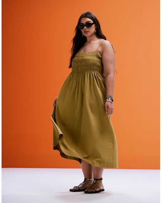 Vestido Largo Verde Con Pecho Fruncido De Algodón Satinado De Asos Design Curve ASOS de color Orange