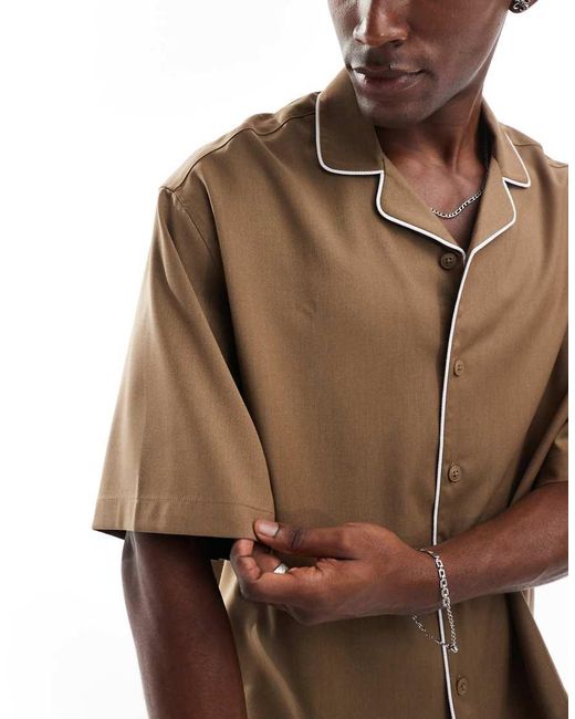 ASOS Brown Cropped Shirt With White Piping Detail for men