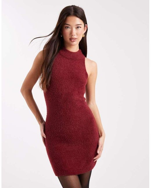 ONLY Red High Neck Fluffy Knit Mini Dress