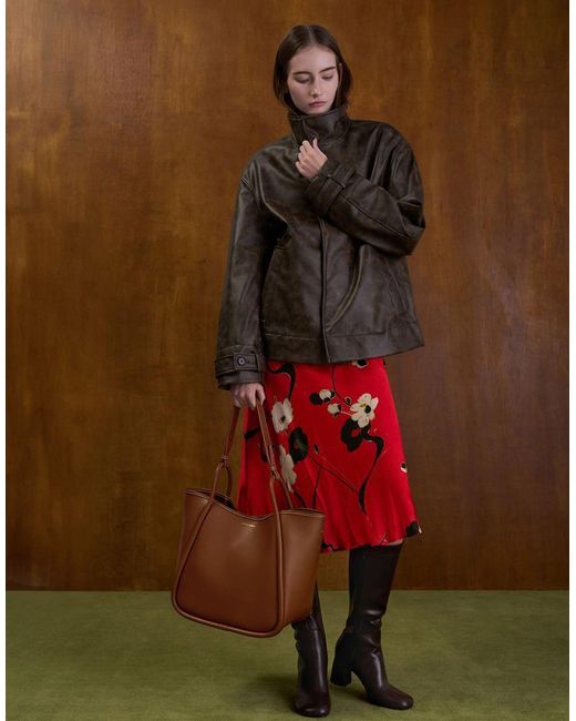 Charles & Keith Brown Lyla Tubular Slouchy Tote Bag