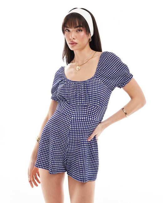 Wednesday's Girl Blue Gingham Bardot Detail Playsuit