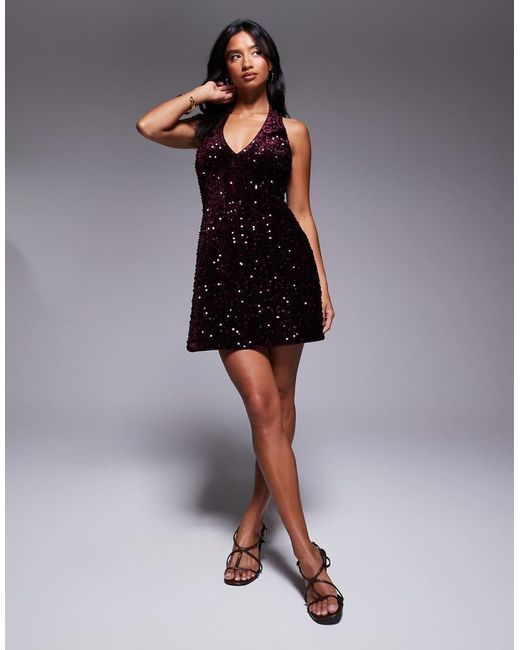Forever New Black Structured Sequin And Velvet Mix Halter Neck Mini Dress