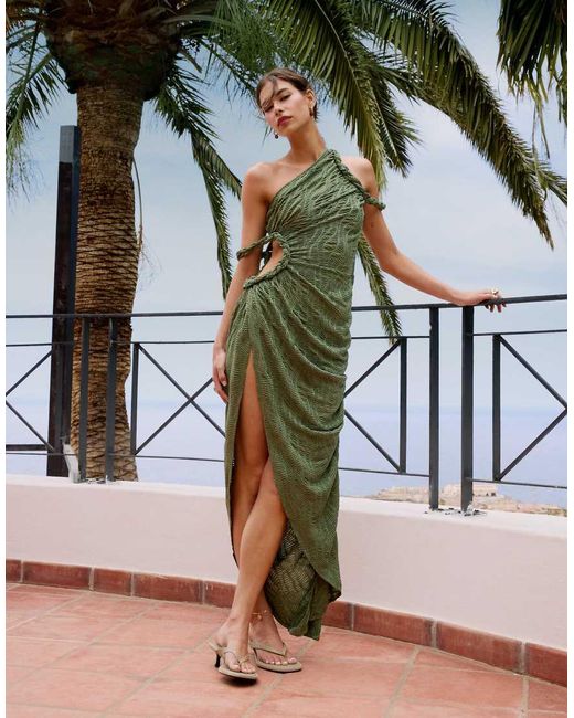 ASOS Green Ruched Asymmetric Textured Midi Dress With Twisted Strapping Details