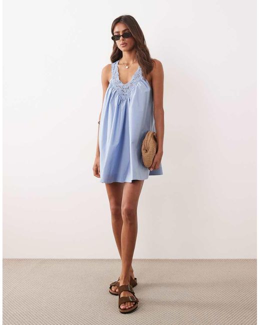 ASOS Blue V Neck Smock Poplin Mini Sundress With Lace Overlay