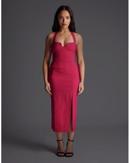 Vesper Petite Red Notch Neck Midaxi Dress With Thigh Split