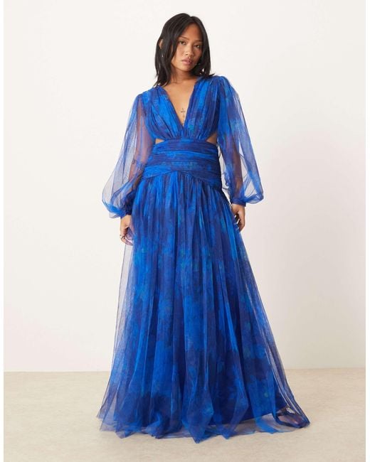 LACE & BEADS Plunge Drop Hem Tulle Maxi Dress in Blue | Lyst