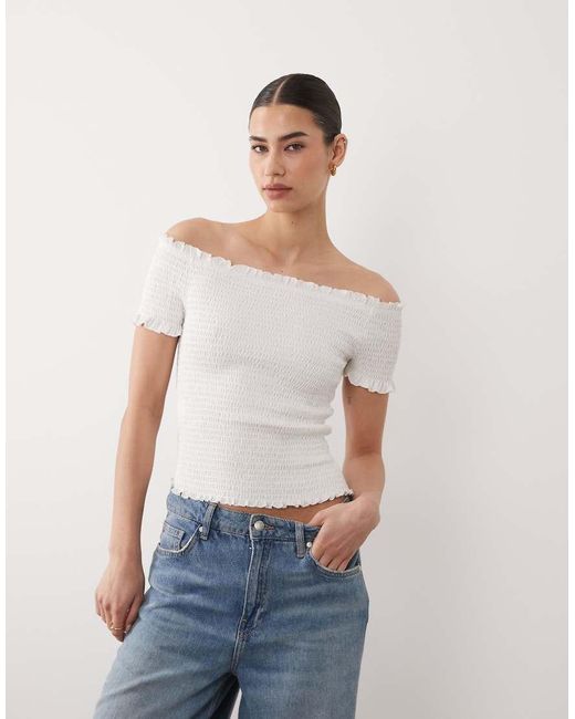 Mango White Teen Shirred Off Shoulder Top