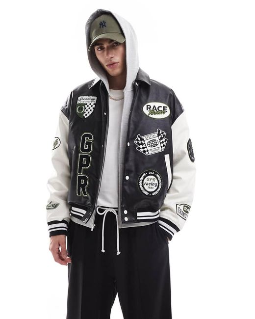 Bershka Black Faux Leather Contrast Sleeve Bomber Jacket for men