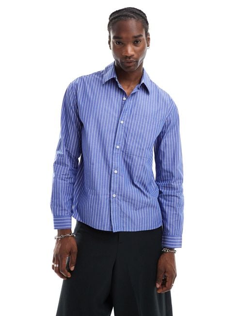 Pull&Bear Blue Long Sleeve Striped Poplin Shirt for men