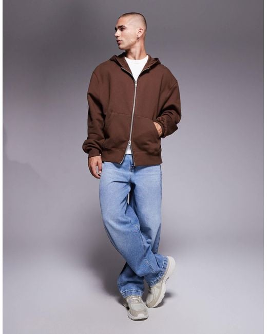 ASOS Brown Premium Heavyweight Oversized Zip Through Hoodie for men