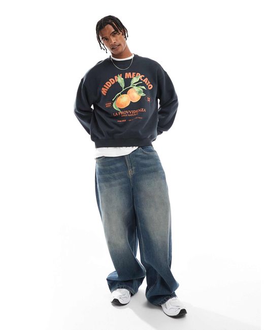 Cotton On Blue Box Fit Crew Fleece Graphic Sweatshirt for men