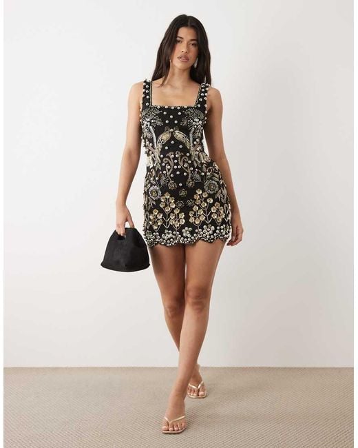ASOS Natural Embellished Mini Dress With Flower Artwork