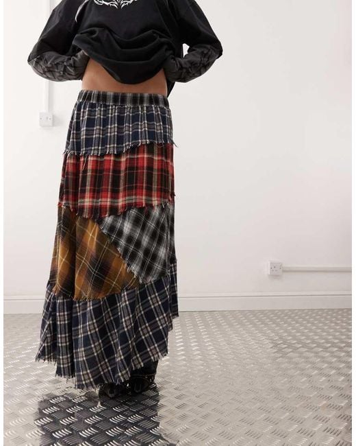 Minga London Plaid Patchwork Asymmetric Maxi Skirt-multi
